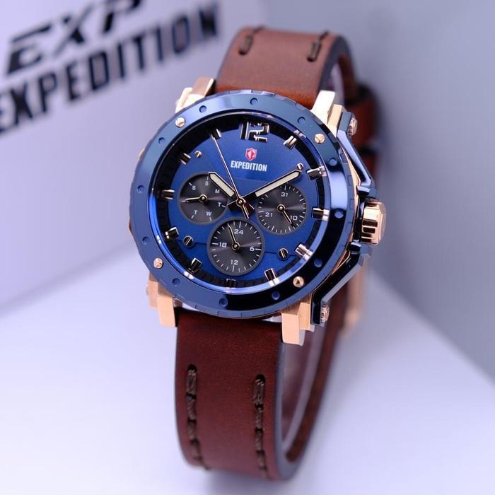 Jam Tangan Wanita Expedition Multifunction E 6402 Blue Dial Brown Leather Strap Original Garansi Res