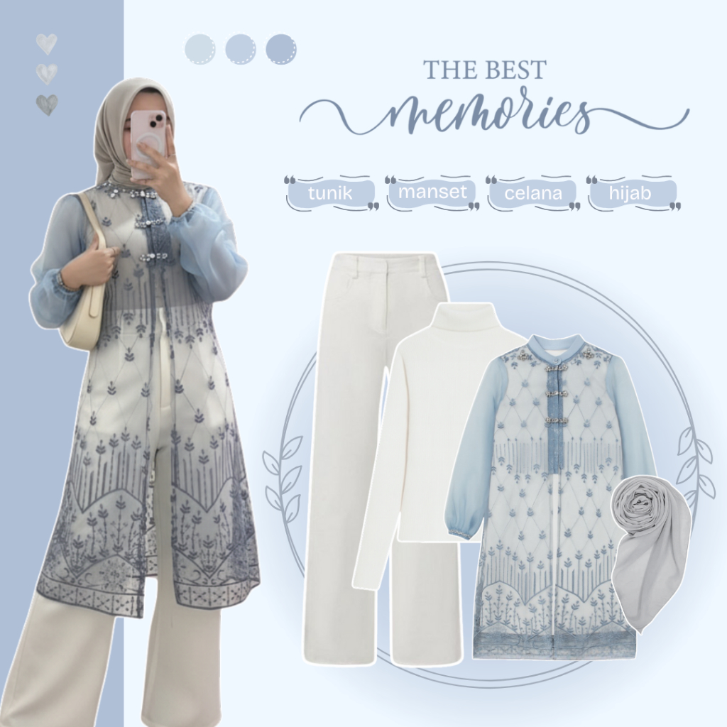 One Set Remaja | Tunik Brukat + Celana Kulot + Jilbab Bella Square | Setelan Cewek Outfit Kekinian -