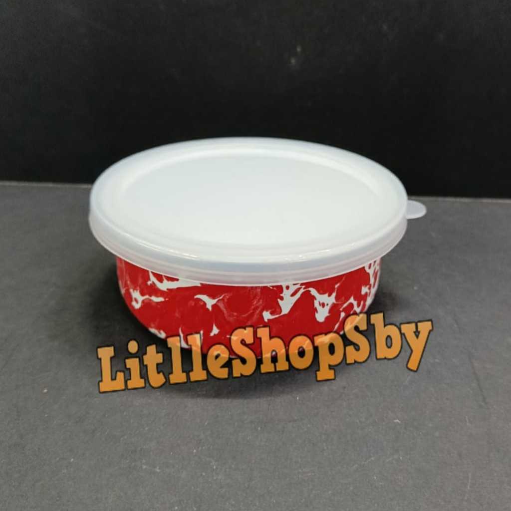 Rantang Bowl Mangkok Enamel 12cm Merah Blirik Loreng Tutup Plastik
