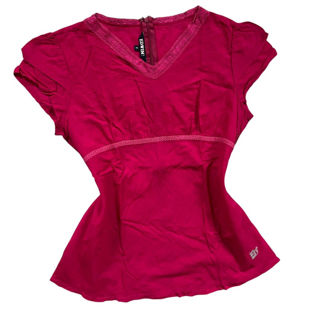 Eyelet Milkmaid Top V Neck Scrunched Blouse Pink Fuschia | Red merah blus kaos puffy babydoll dollet