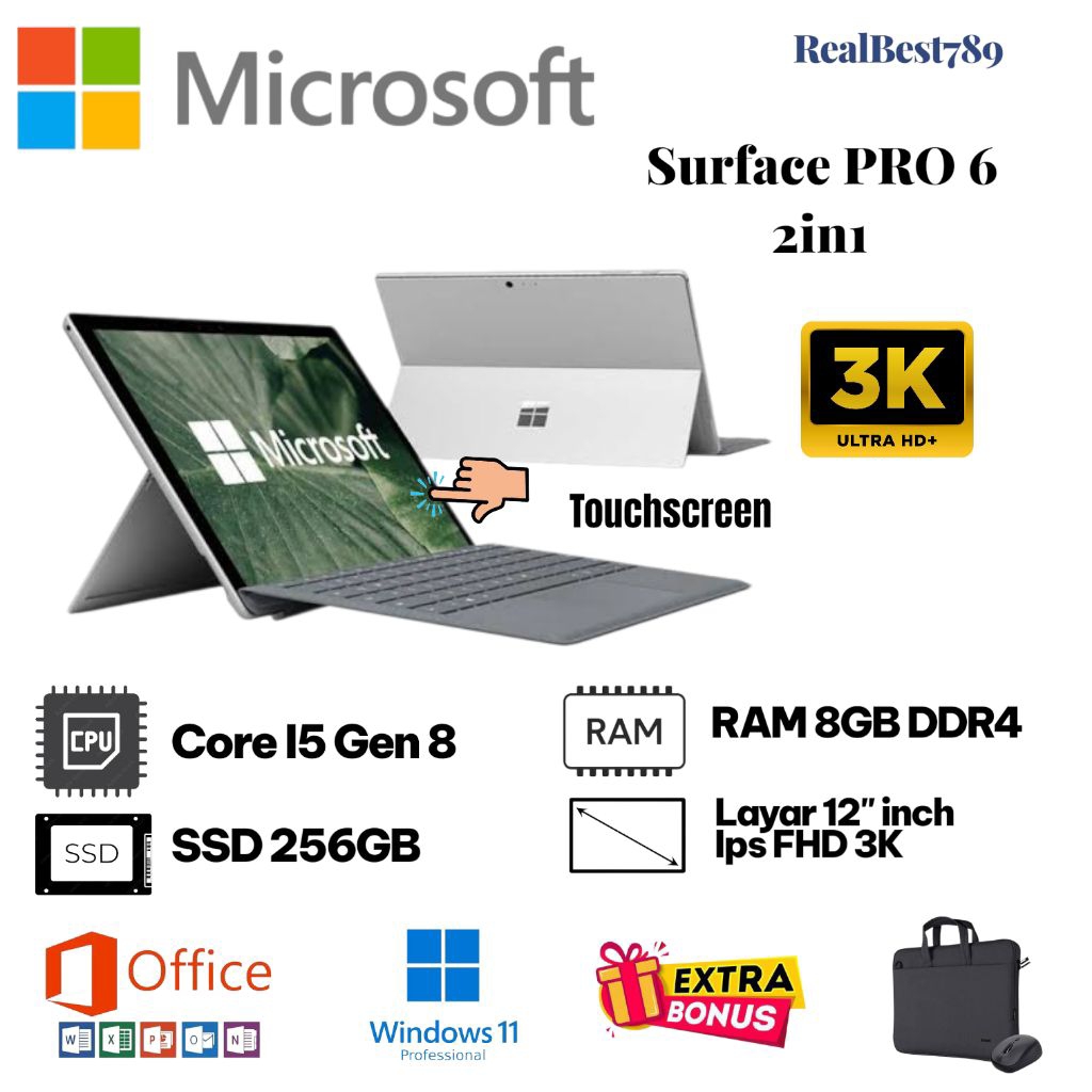 Laptop Microsoft Surface Pro 5 2in1 Tablet Core i5 7300u Ram 8GB Ssd 256GB Layar 13in Touchscreen Ip