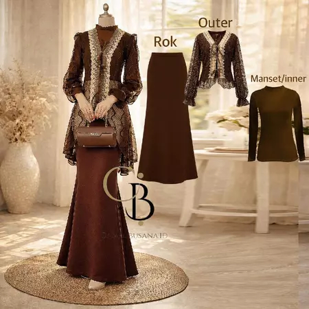 Set Outer Wiza Cardigan Brukat Lengan Panjang Rok Scuba Inner Manset Lengan Panjang Outer Kondangan