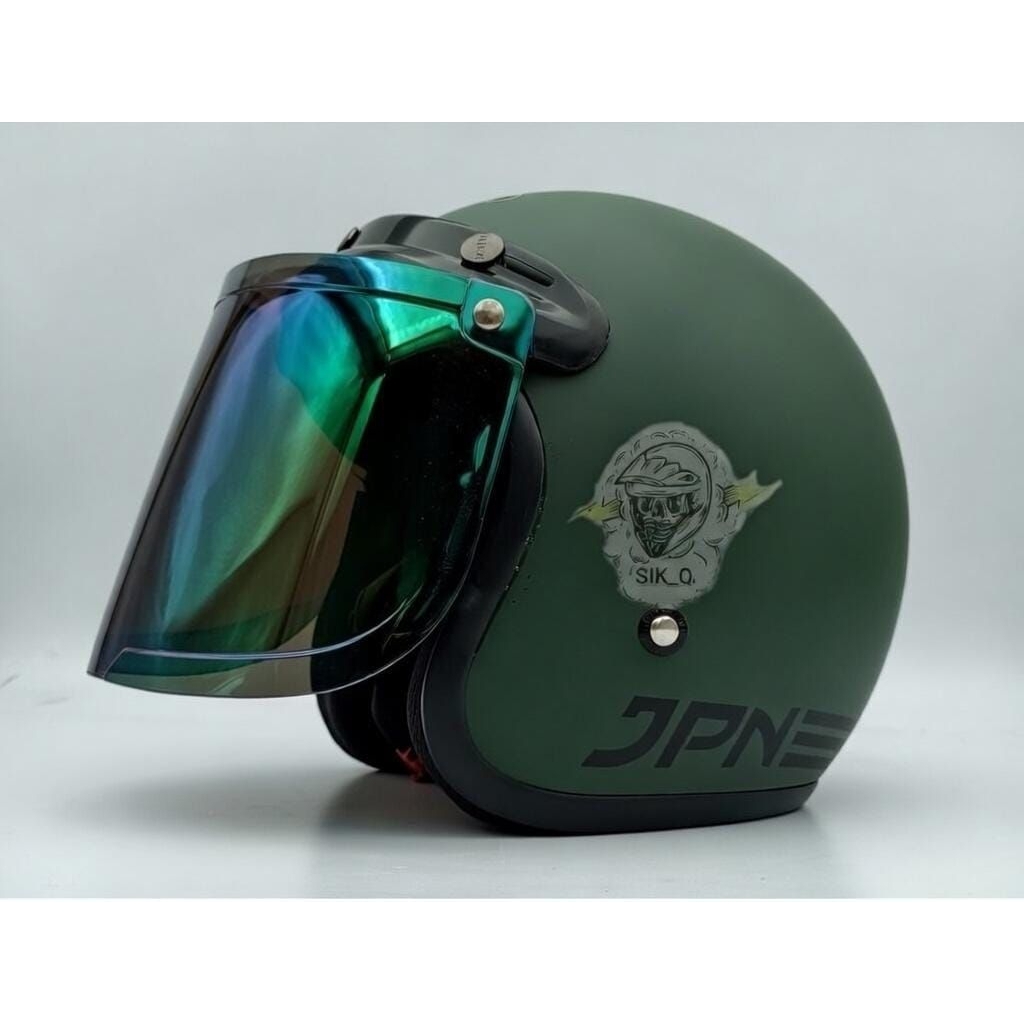 Helm JPN Hijau Army Dop paket kaca datar dan cembung bahan kualitas tinggi tali asli JPN