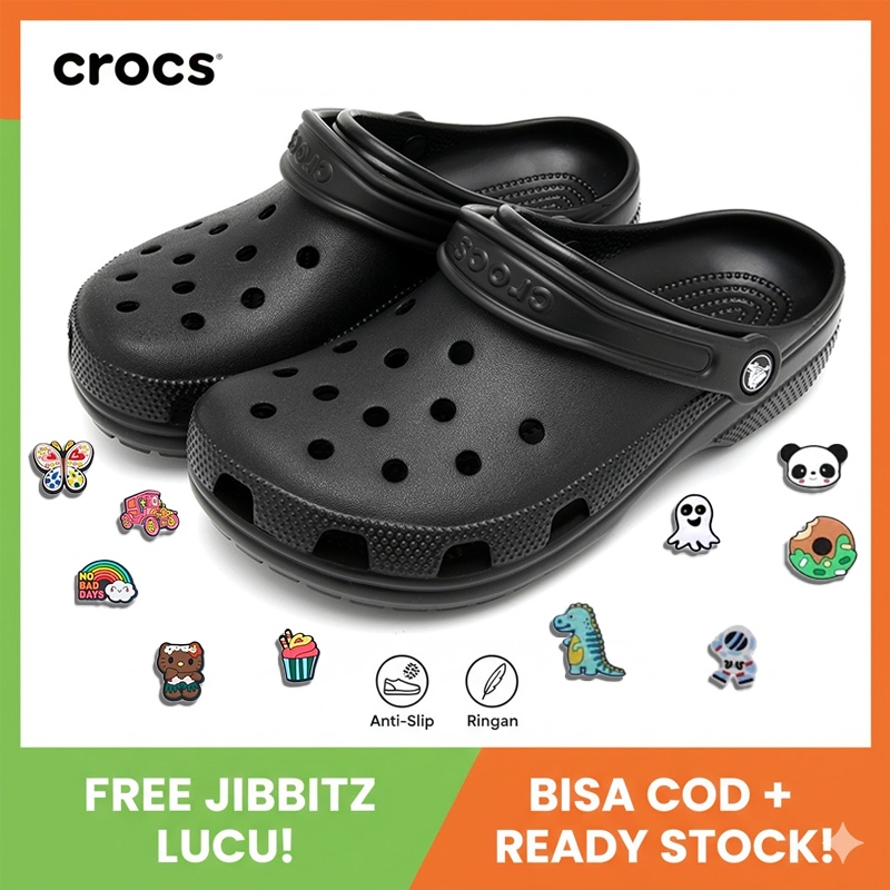 Crocs Classic Clog Black - Sandal Bakiak Unisex Pria & Wanita Original Style (Hitam)