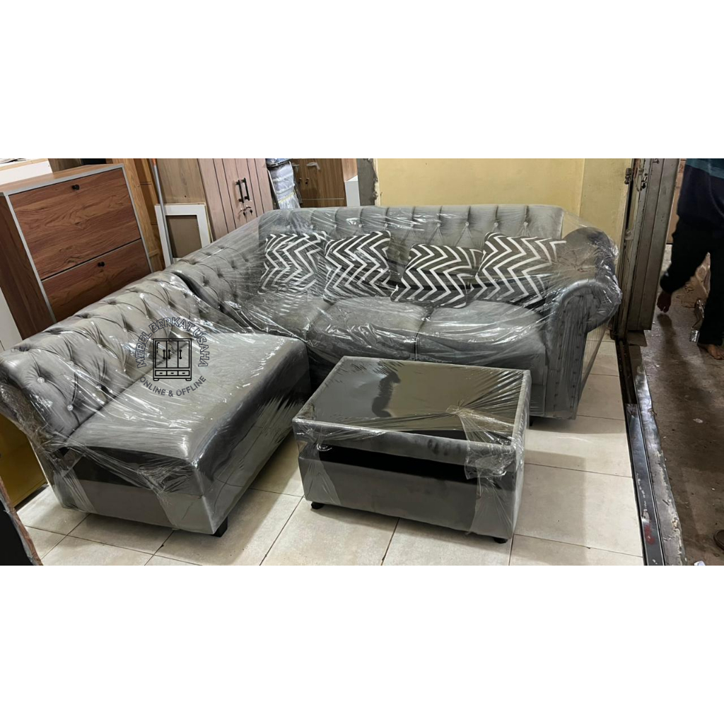 Sofa L Bludru Abu Kursi Tamu Sudut