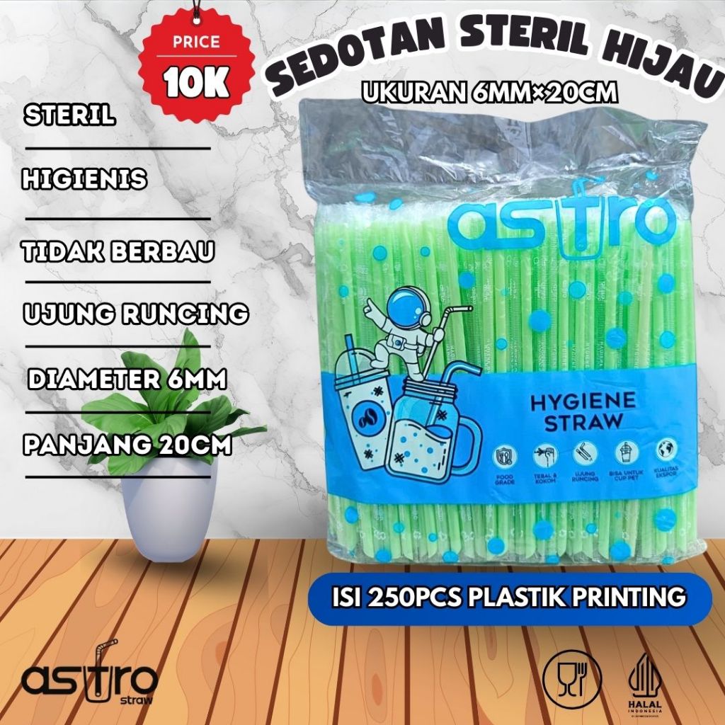 Astrostraw Sedotan Steril Warna Hijau Pastel 6mm x 20cm Food Grade Tebal Runcing 250pcs Ideal untuk 