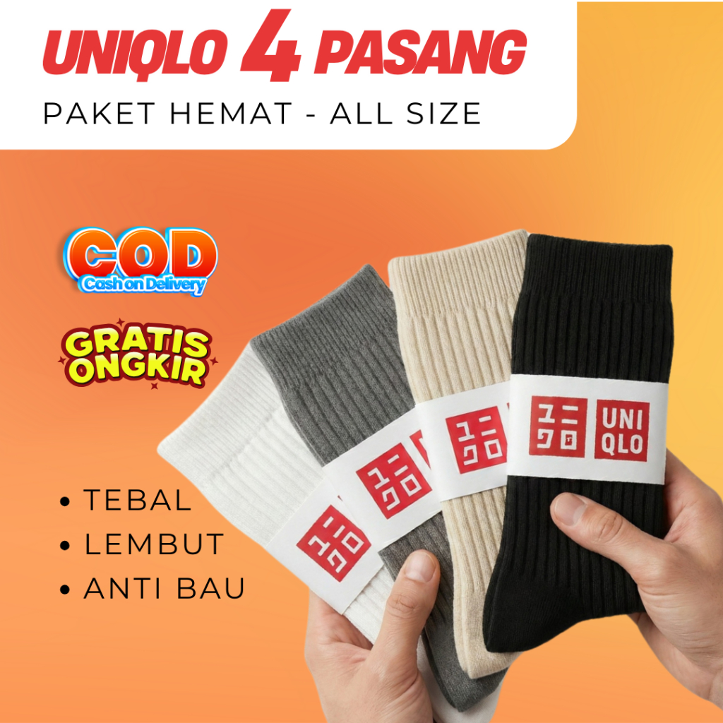 KAOS KAKI UNIQLO 4 PASANG - POLOS PREMIUM BASIC SOCKS KATUN TEBAL HANGAT PRIA WANITA ALL SIZE