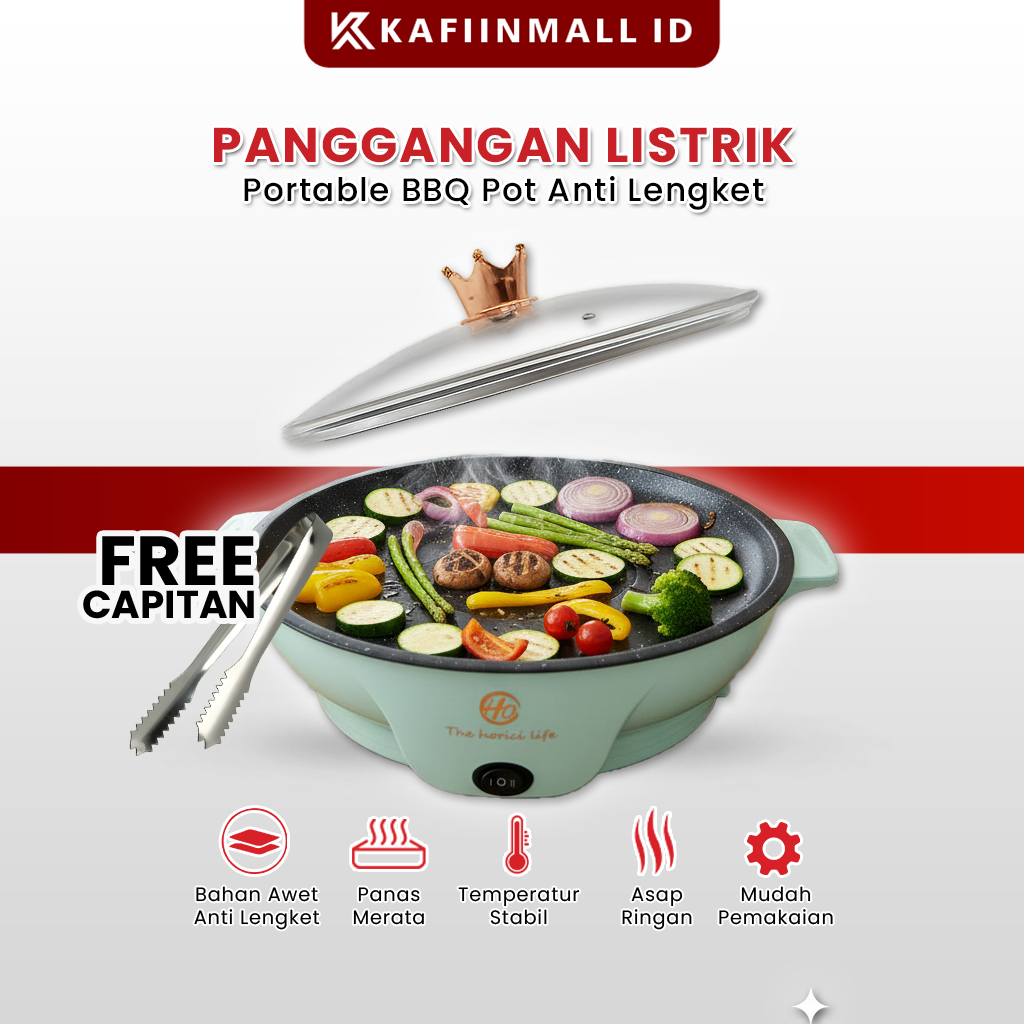 Kafiinmall Panggangan Listrik BBQ Grill Pan Anti Karat Alat Panggangan Elektrik Multifungsi 30CM Den