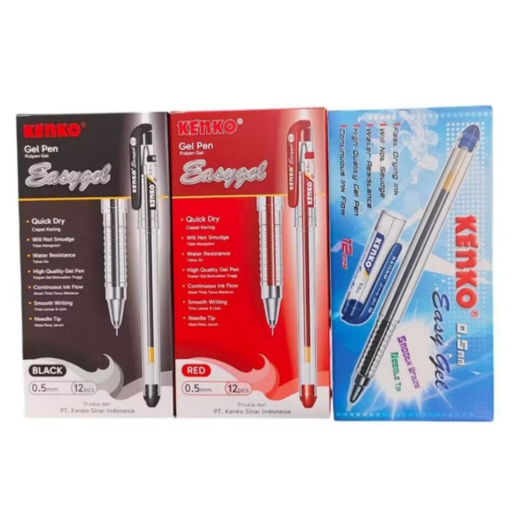 Pulpen KENKO EASY GEL 1 Pack isi 12 Pen Tinta Cair 0.5mm Hitam Biru Merah