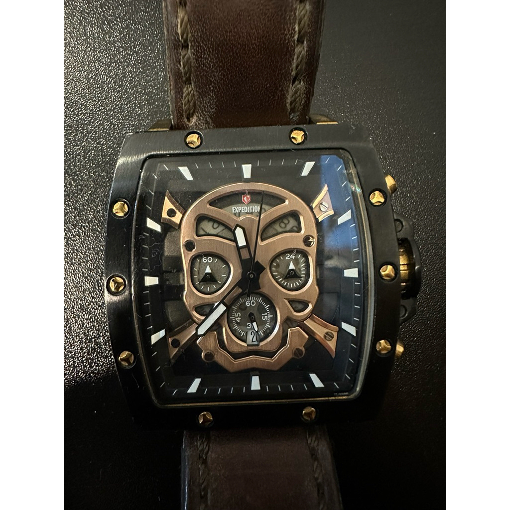 Jam Tangan Pria Original Expedition E 6688 M Black Rosegold Brown Leather