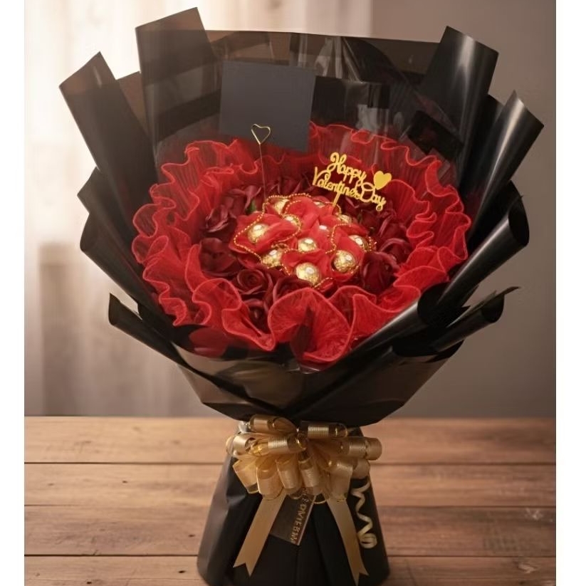 Premium Rose Flower Soap Standing Hand Buket Bunga  & Coklat Ferrero Rocher