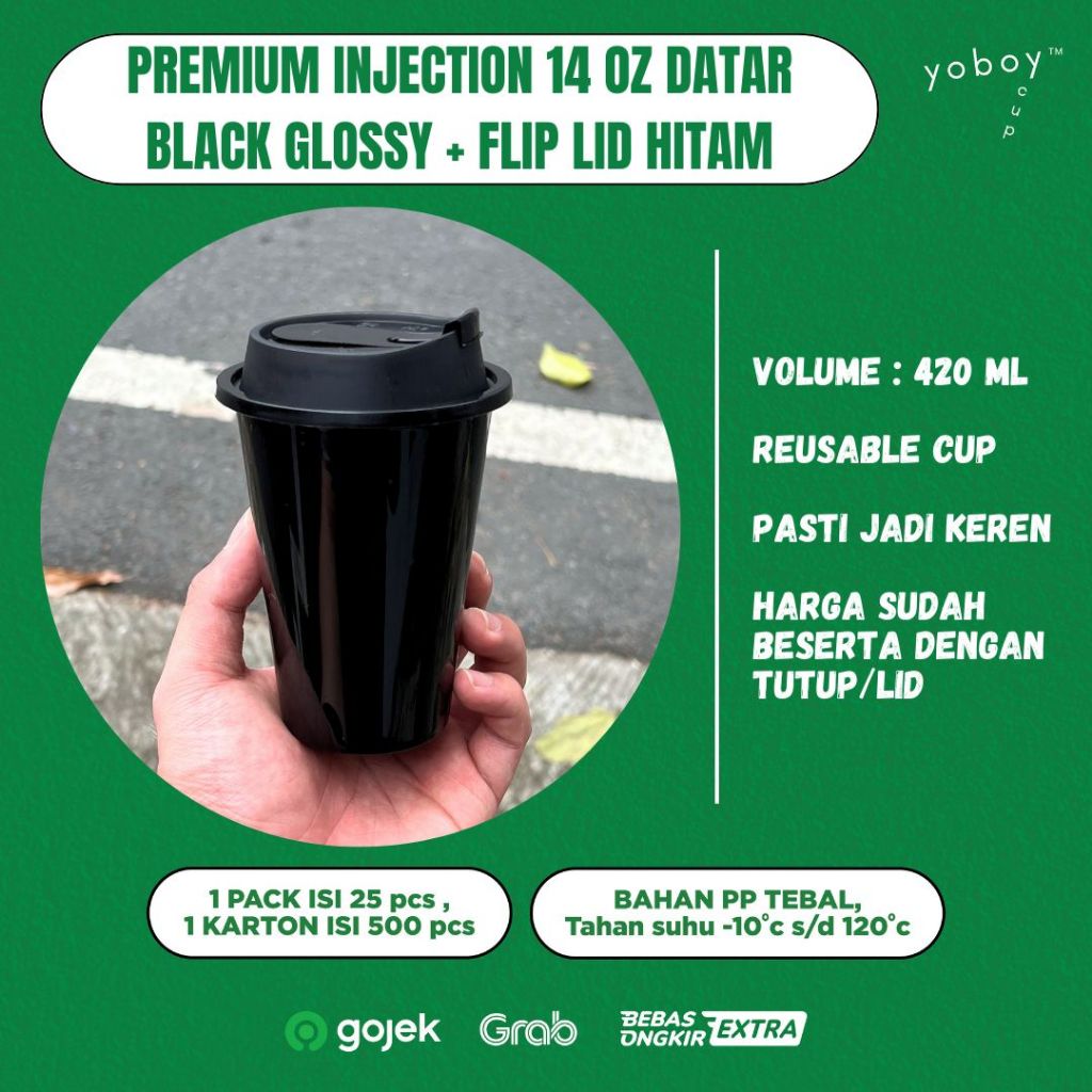 INJECTION PREMIUM CUP 14oz BLACK GLOSSY + TUTUP INJECTION (HANYA POLOSAN) ISI PERPACK 50 PCS