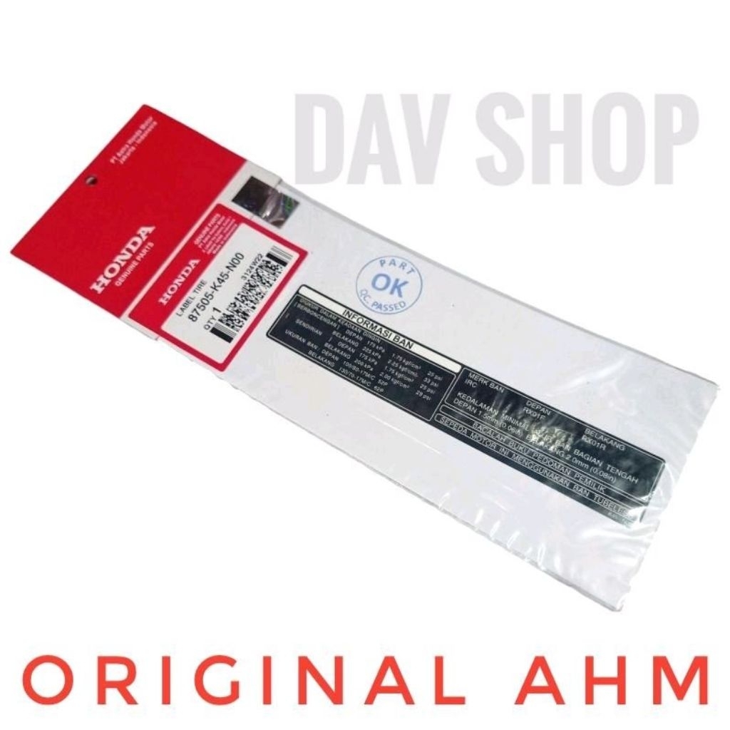 LABEL/STIKER DETAIL INFORMASI BAN SWING ARM CB 150R CBR 150R ORI AHM 87505K45N00