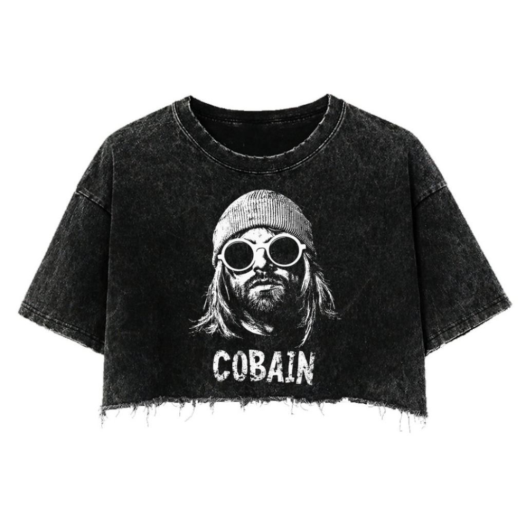 Psycho Crucify "Cobain" Crop Top Oversized T-Shirt | Washing | Crop Tee Unfinished | Vintage | Atasa