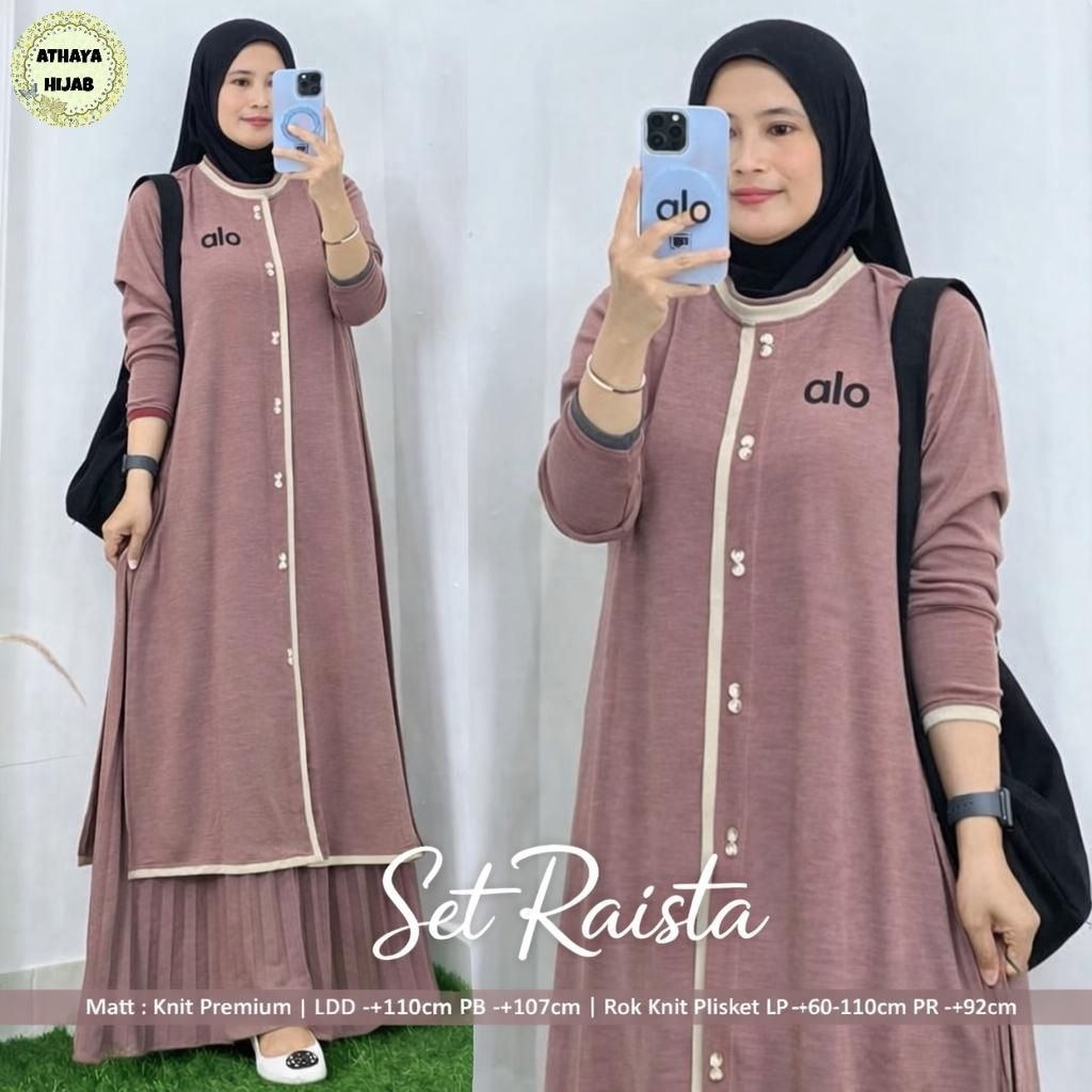 Tunik dewasa set rok plisket bahan knit kaos premium raista set by Athaya tunik set rok terbaru