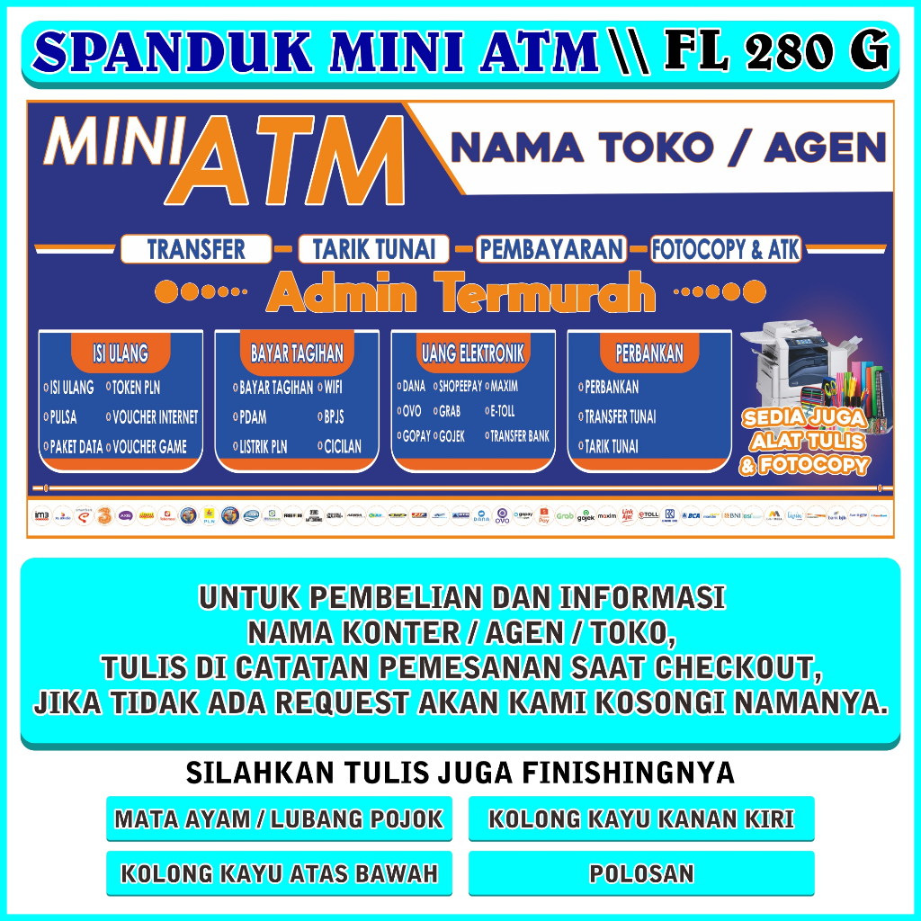 Spanduk Banner Mini ATM BRILINK Konter Pulsa Ewallet Ukuran Jumbo Tebal Bahan 280 gsm