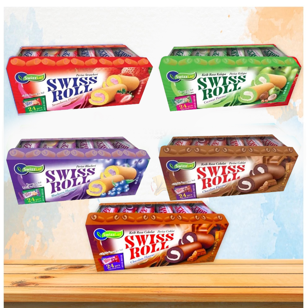 Swizzlef Swiss Roll Isi 24 Bolu Swiss Roll Rasa Blueberry Coconut Strawbery Coklat Swiss Roll Cake