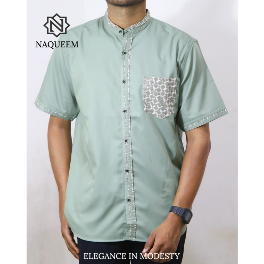 Baju Koko Lengan Pendek Motif Batik - Kemeja Koko Pria Dewasa Hijau Sage