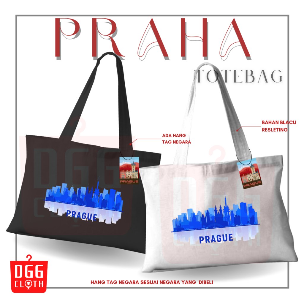 DGGCloth Tote Bag Praha, Totebag Sablon Oleh Oleh Praha Bahan Blacu Dengan Perekat Type 2