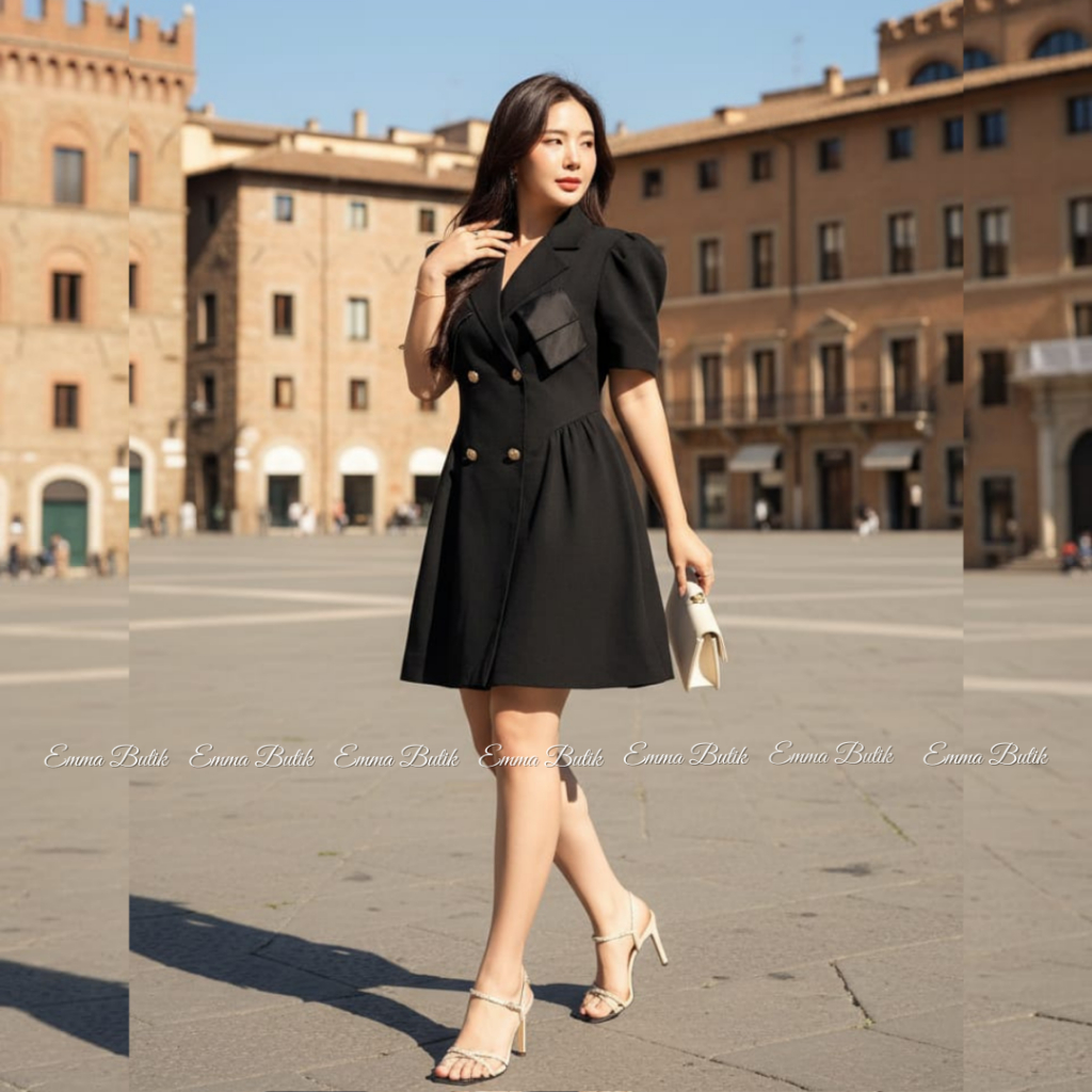 Emma.Butik E00599 Gaun Hitam Wanita Korean Style Black Mini Dress Elegan Loma Twill Polos Casual Ang