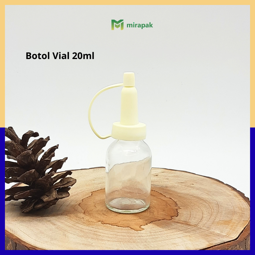BOTOL VIAL 20ML KACA BENING TEBAL - TUTUP KECAP KERUCUT PUTIH - BOTOL OBAT CAIRAN LAB VITAMIN - SERU
