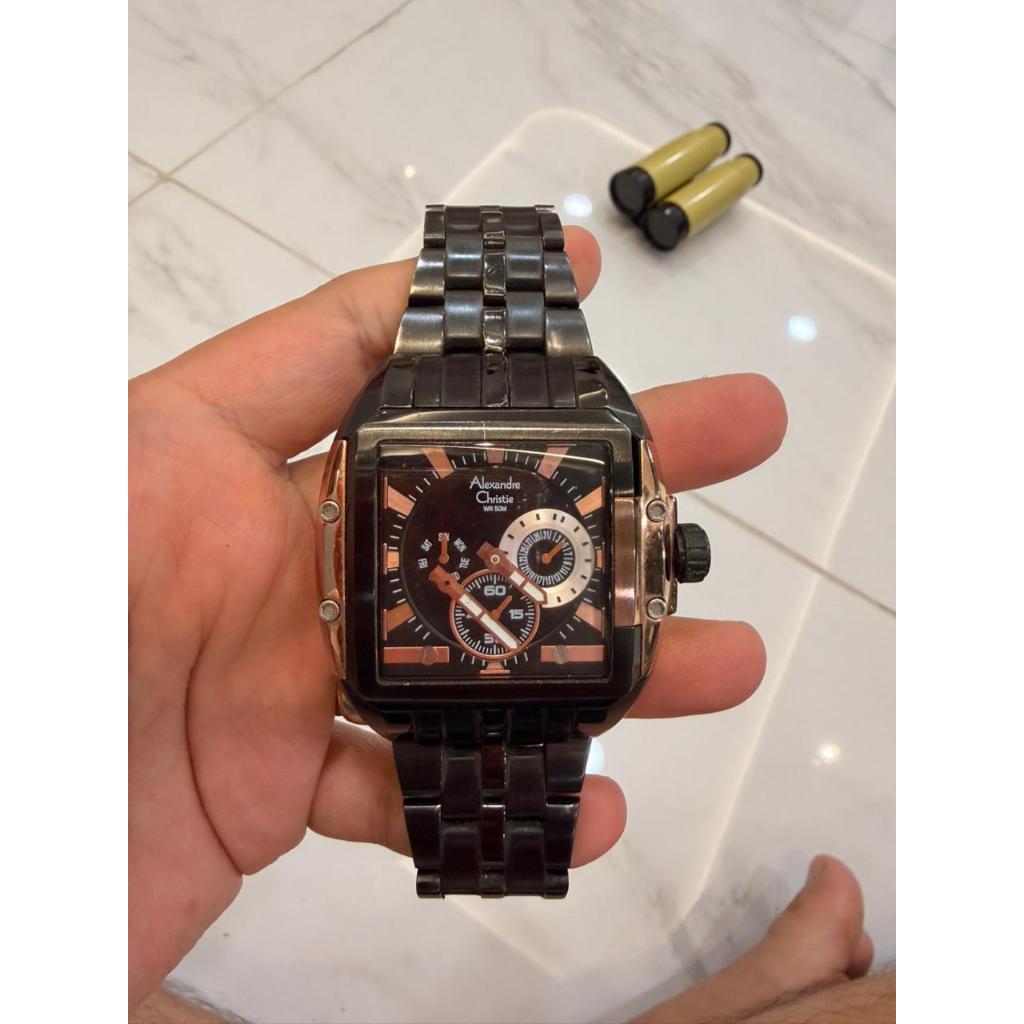 Jam Tangan Pria Alexandre Christie Kotak Hitam Rose Gold WR 50M Original