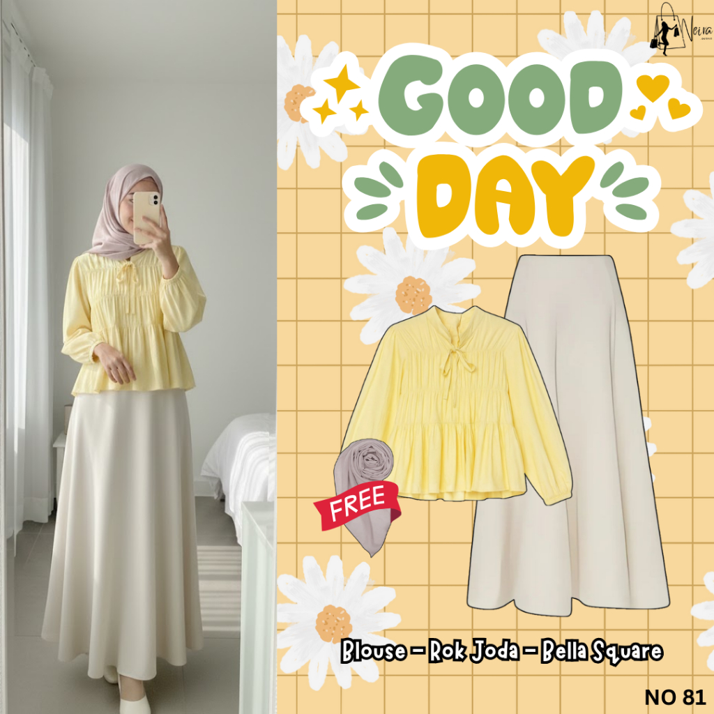 Neiraoutfit | One Set Baju Wanita Kekinian Kuning Pastel 3in1 (Blouse, Rok Joda, Bella Square)|NO 81