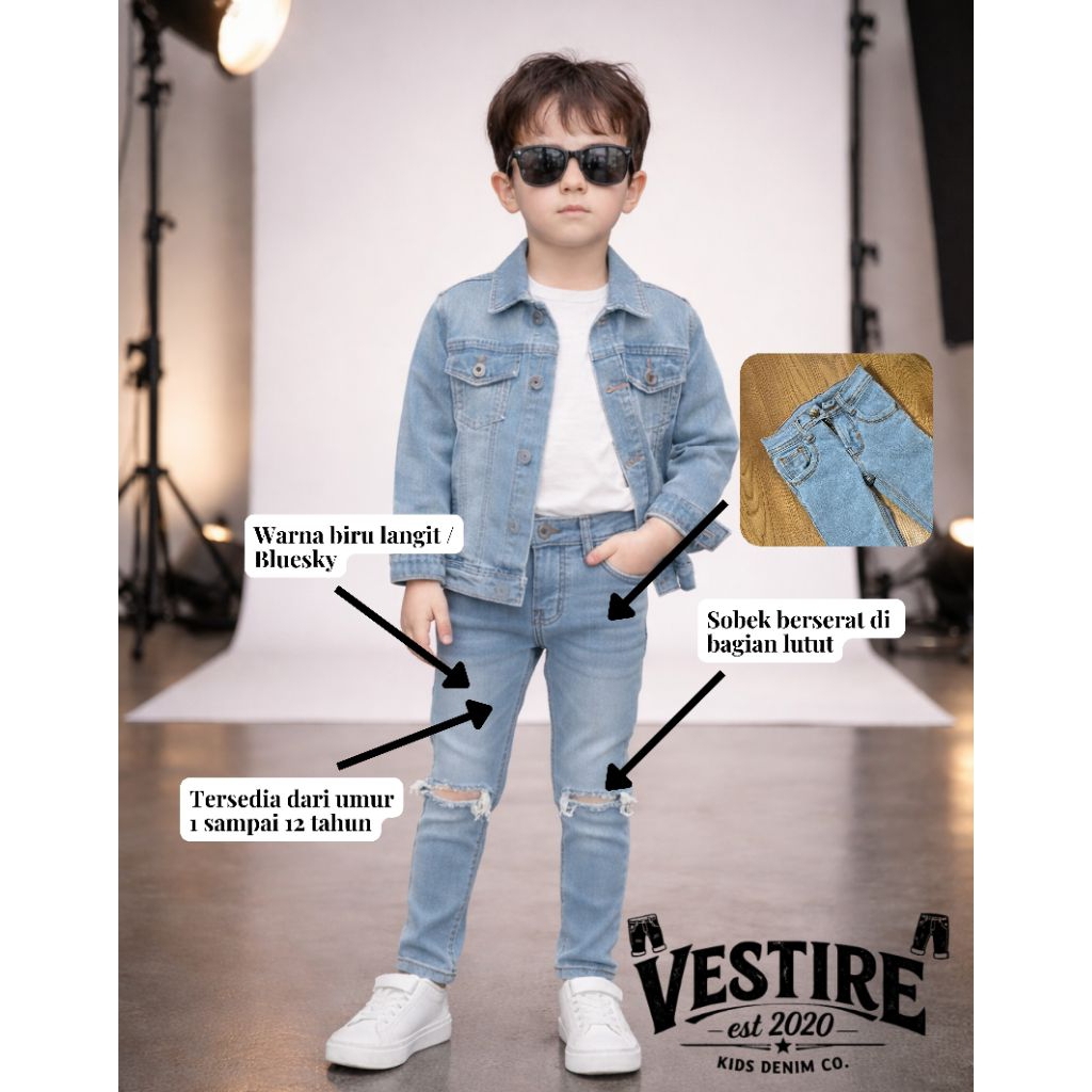 VESTIRE - Celana Jeans anak umur 1 - 12 tahun warna bluesky / biru langit sobek lutut | Celana denim
