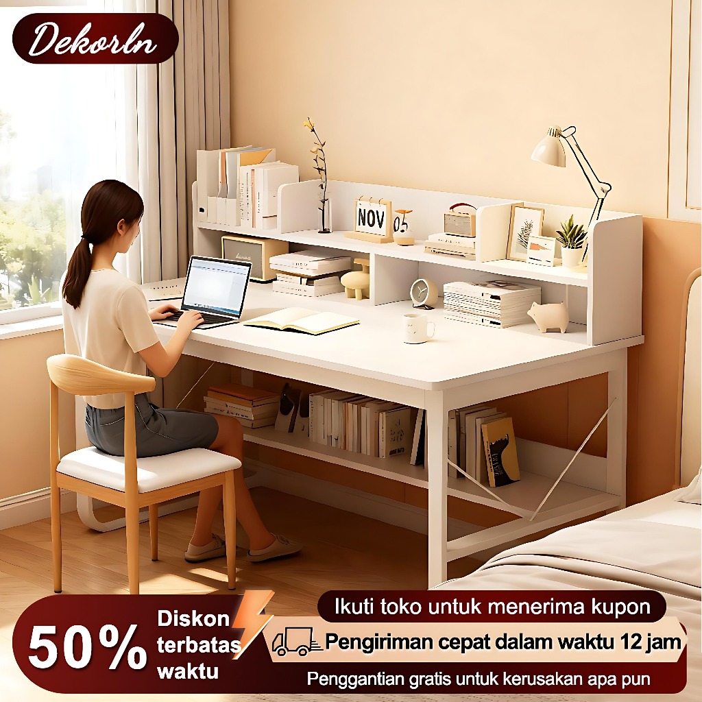 DK Meja Belajar Meja Kerja Minimalis dengan Rak Bawah & Rak Atas / Meja Belajar Multifungsi untuk Ka