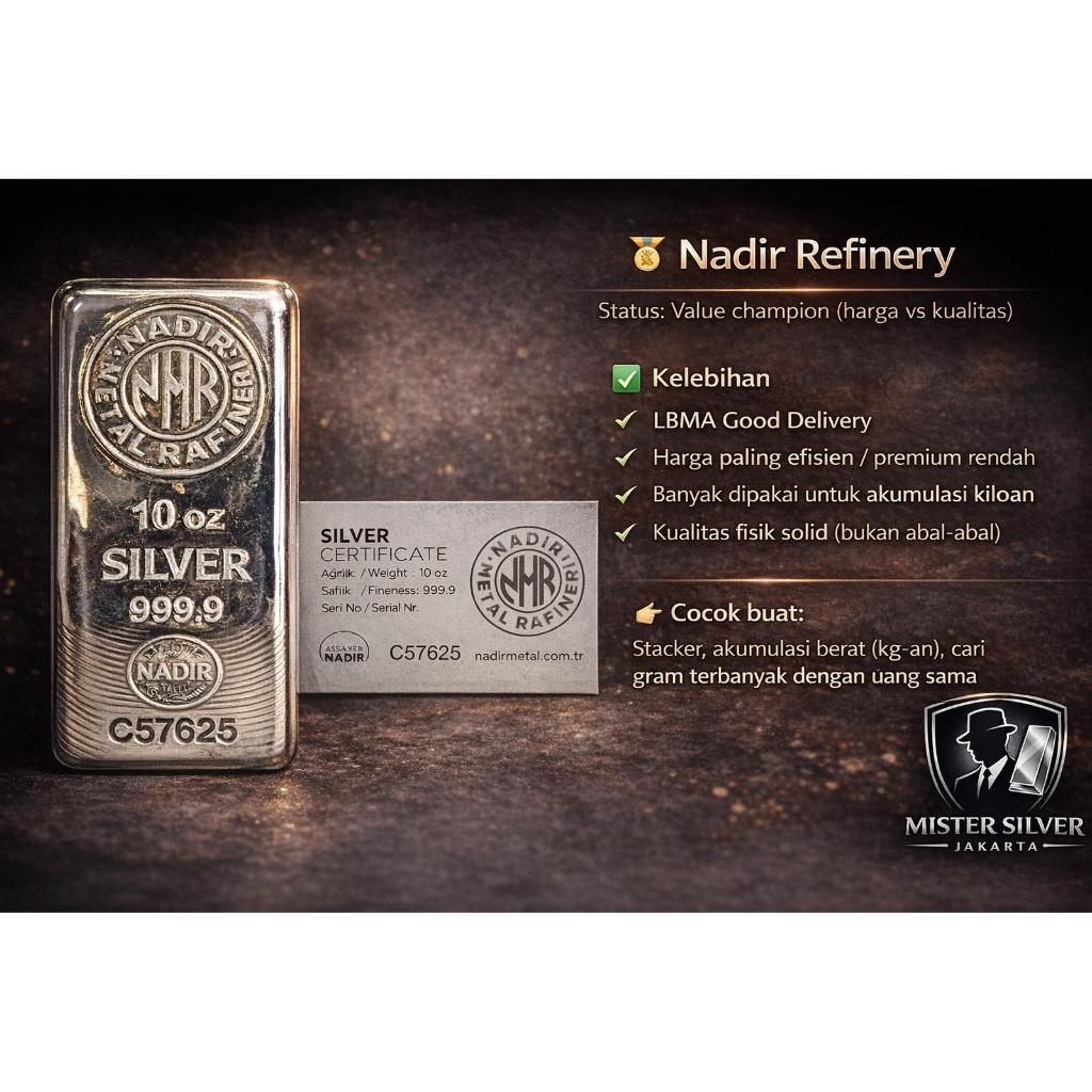 Nadir 10 oz 311gram Bullion Fine Silver Made in Turki Perak LBMA Murni 999.9 Silver Bar Perak Batang