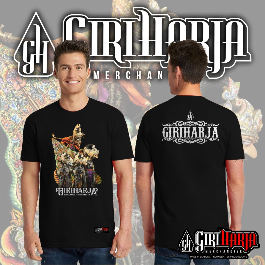 Kaos wayang golek Bima, Gatotkaca, Anterja, Jakatawang warna hitam dan putih tangan pendek