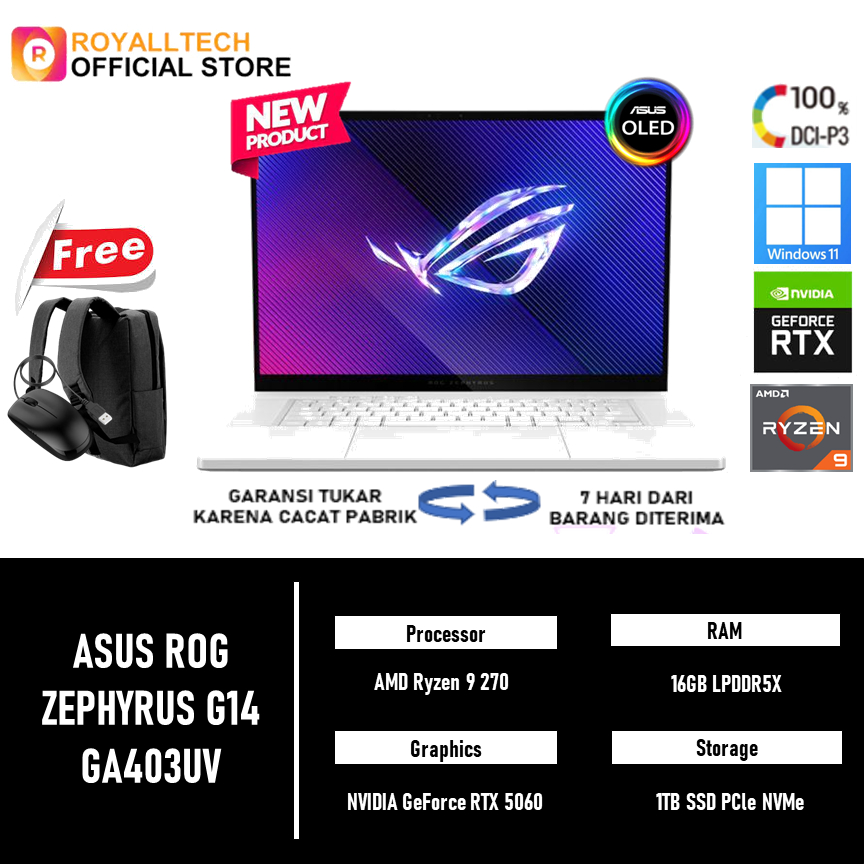 LAPTOP ASUS ROG ZEPHYRUS G14 OLED GA403UM RYZEN 9 270 RTX5060 8GB - RAM 16GB 1TB WINDOWS 11 14.0 3K 