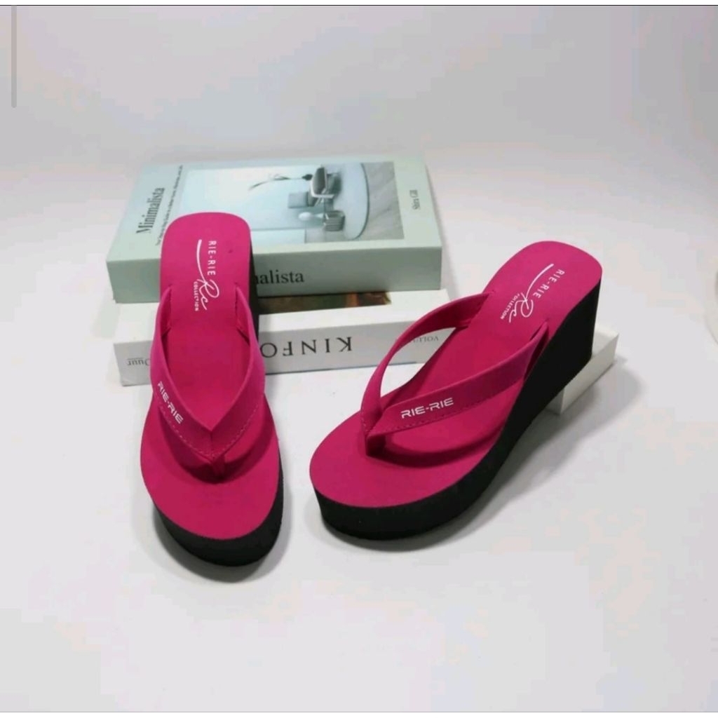 Rierie - Sandal Wedges Jepit Hak 9 cm Cewek Sendal Wanita Dewasa Fashion Trendi Spon Mewah Elegan Hi