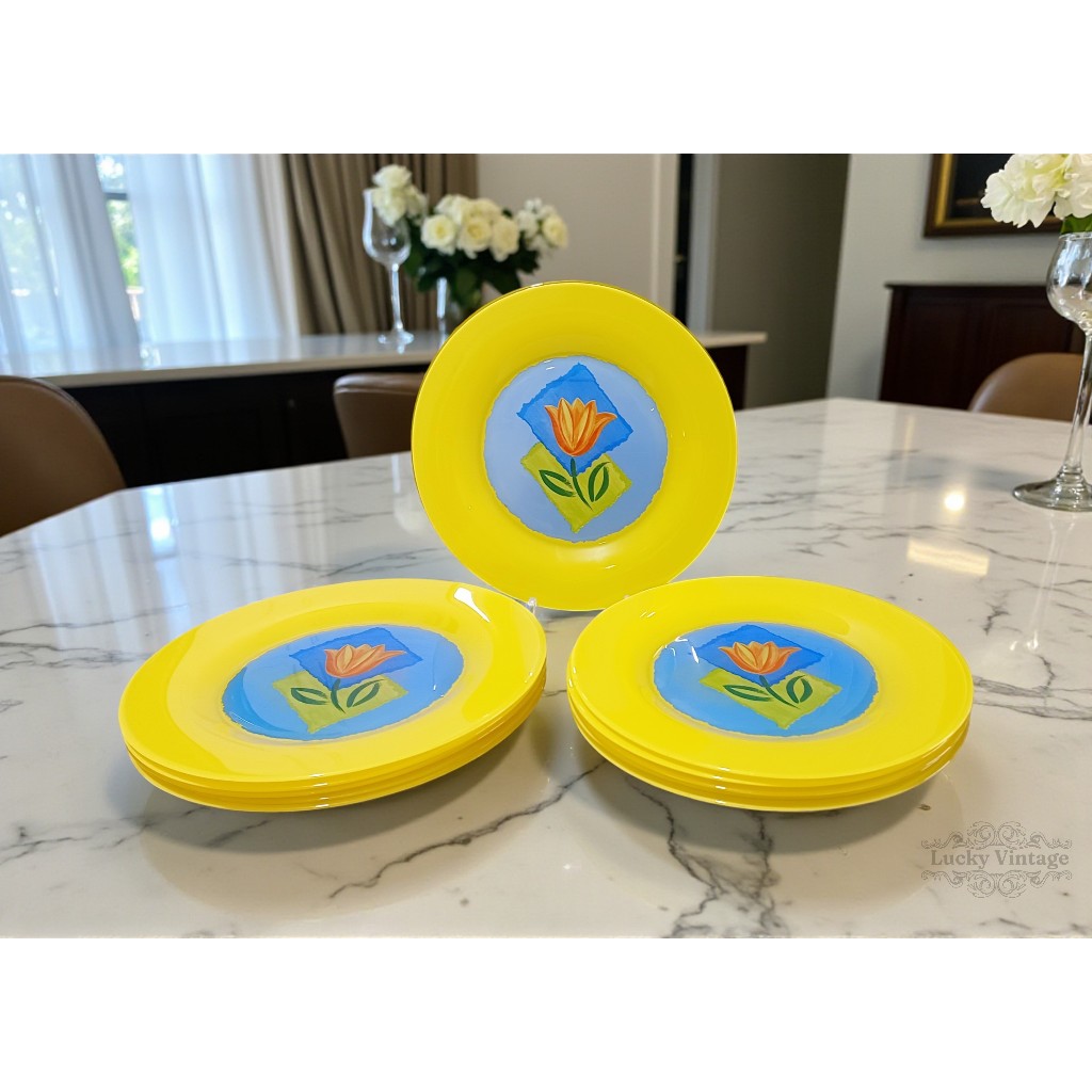 Vintage Arcoroc France Mathys Yellow Glass Tulip Dinner Plate 12Pcs