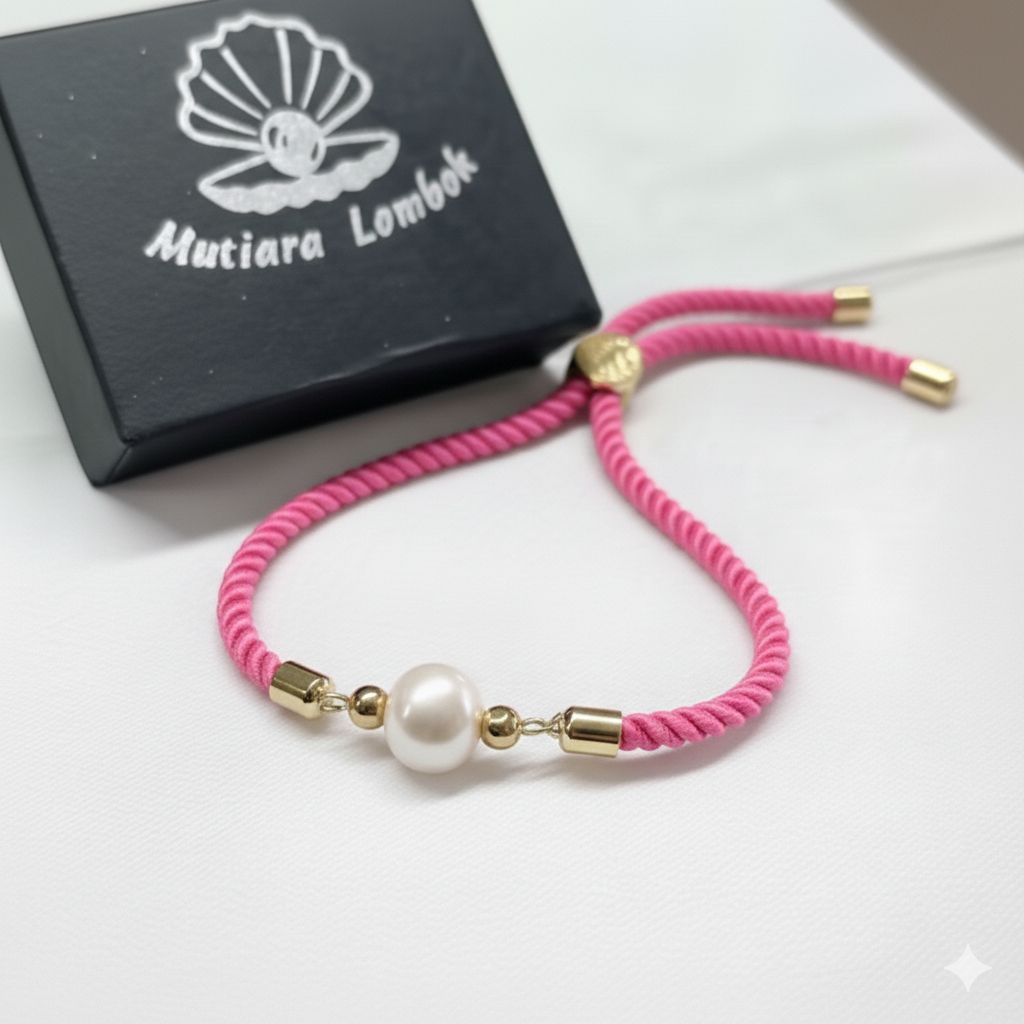 Gelang Serut Mutiara Asli Lombok - Gelang Mutiara Air Tawar Premium - Gelang Cantik Pink Muda