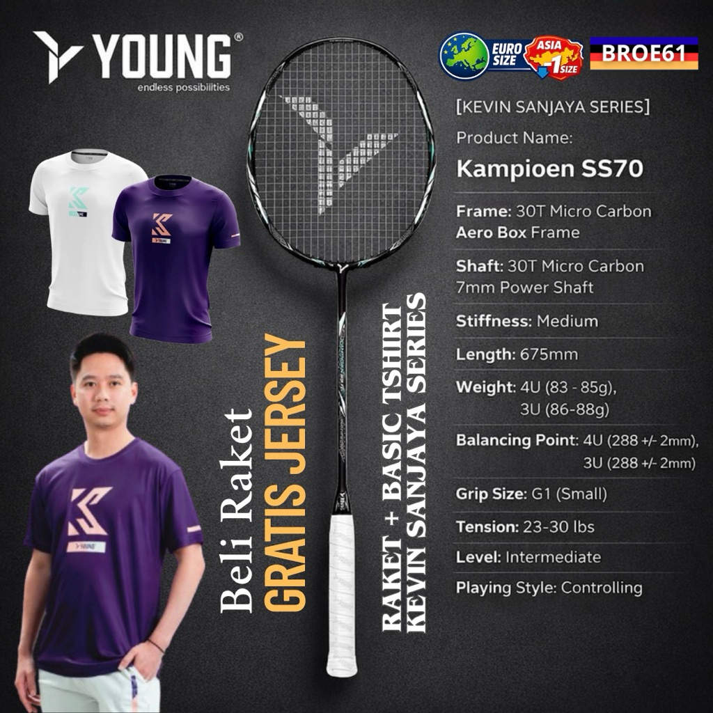 Young Kampioen SS70 SS80 SS90 Raket Badminton Kevin Sanjaya Beli Raket Bonus Jersey Basic T-Shirt KS