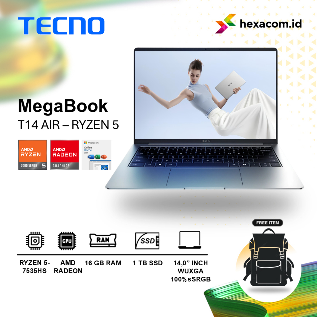 Laptop Tecno Megabook T14 Air Ryzen 5 7535HS 16GB 1TB SSD 14.0 inch WUXGA Win11