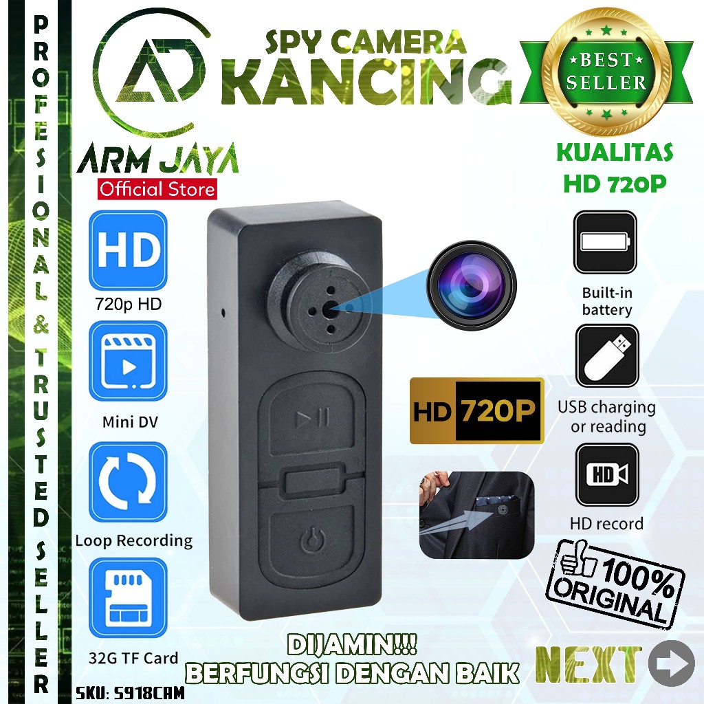 ArmJaya S918CAM Kamera Kancing Baju Spy S918 Mini Non WiFi Hidden Camera HD Rekam Video Suara Cctv M