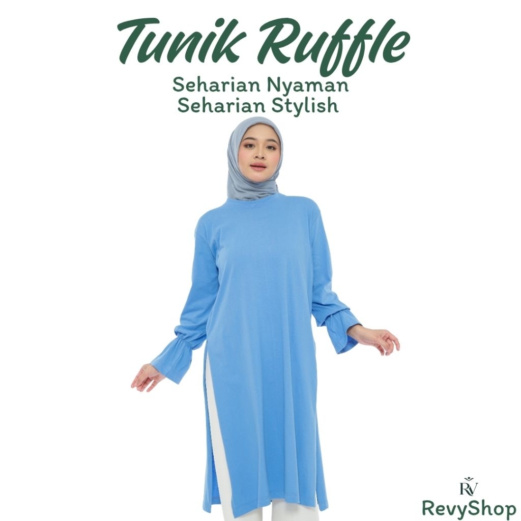 Kaos Tunik Ruffle Polos Wanita Biru Langit Jumbo Oversize Cotton Combed 24s – Big Size Basic