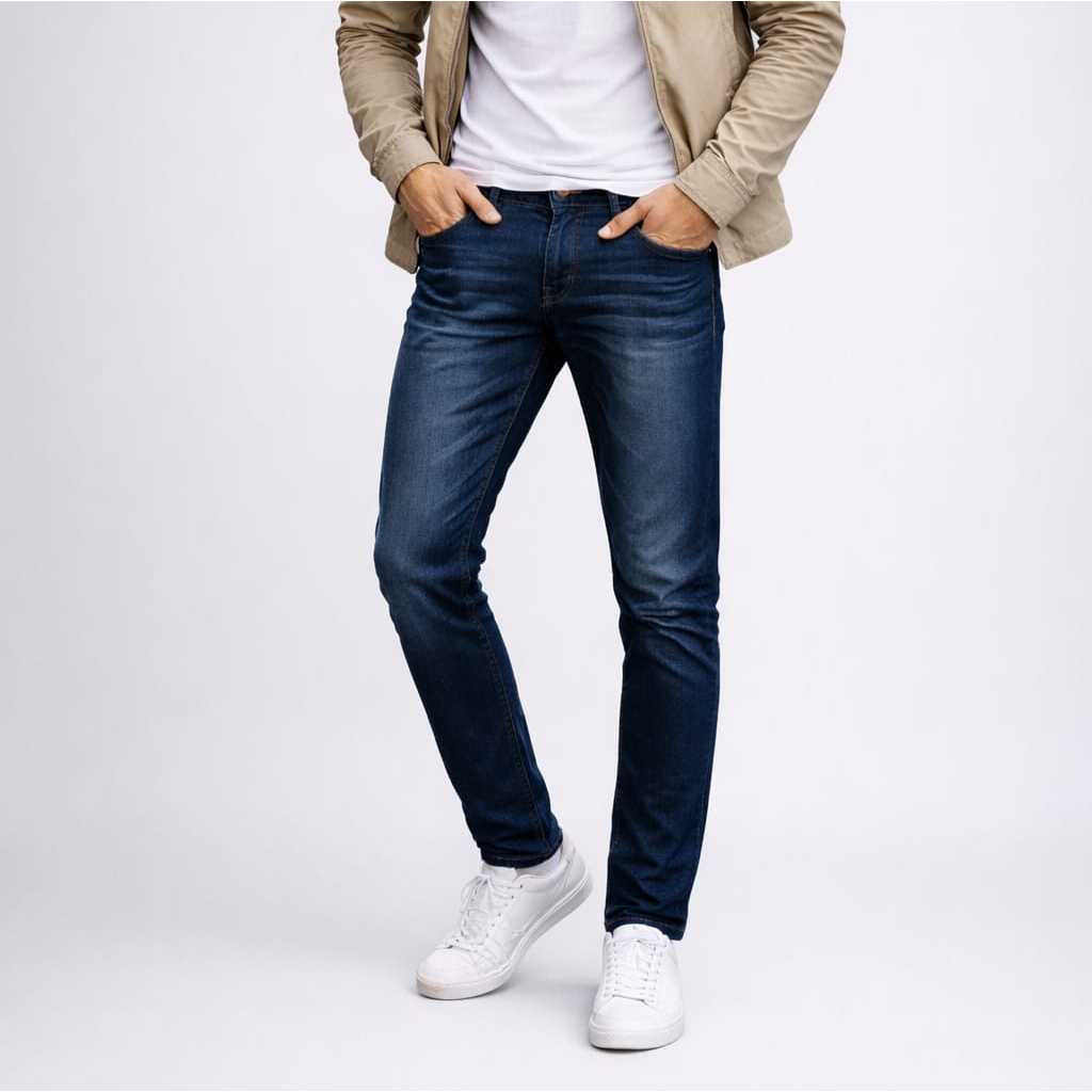 Celana Jeans Pria Slim Fit Straight Denim Wisker Street Style Hitam Polos Black Jazz