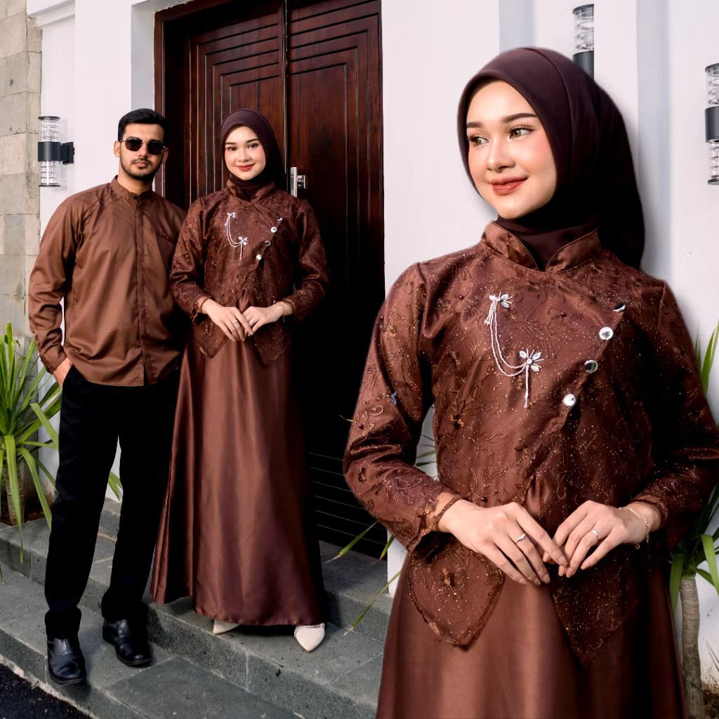 SET SAHARA DRESS MAHOGANY ORI COUPLE KEMEJA KOKO PREMIUM / CUSTOM ANAK & JUMBO / BAJU SERAGAM BATIK 