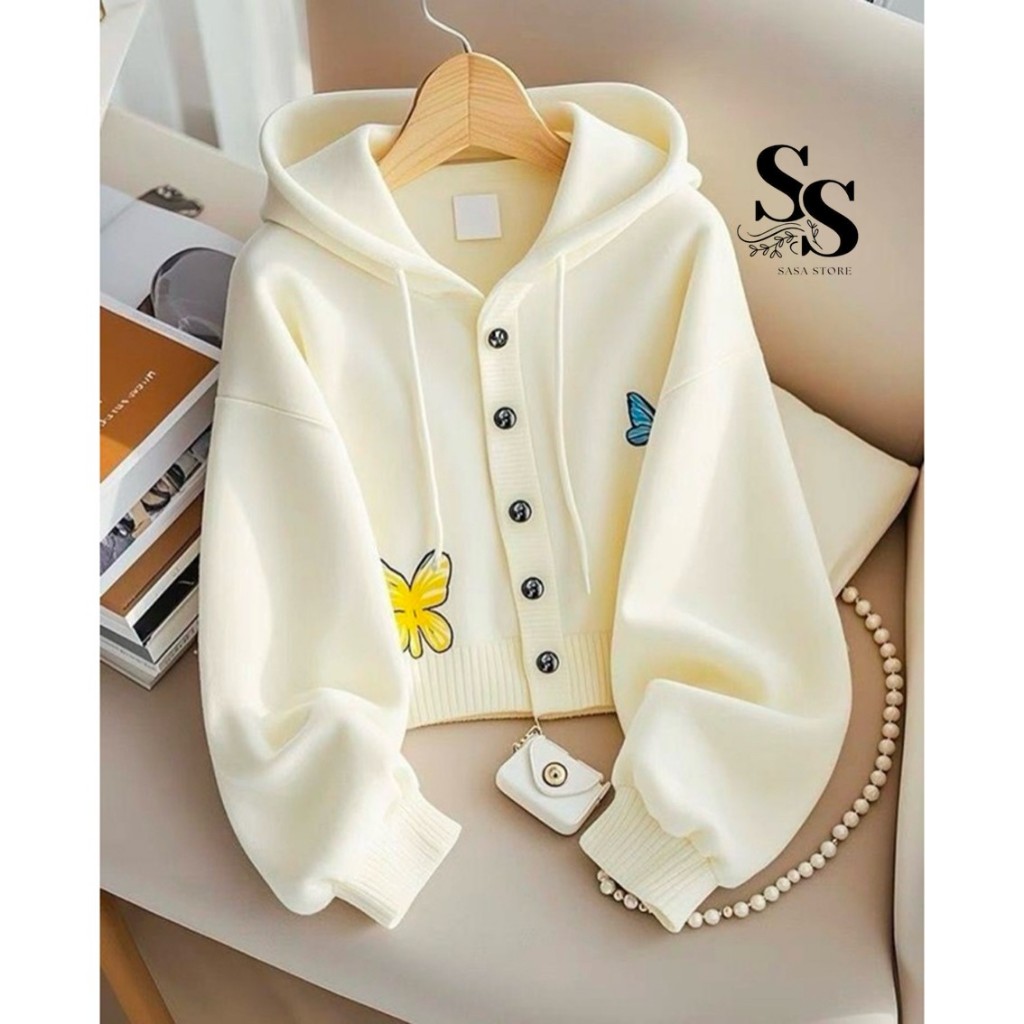 SS_Jaket Hoodie Cardie Crop Lucu Wanita Oversize - POPPY Hoodie Kancing Crop Lucu Wanita Korean Styl