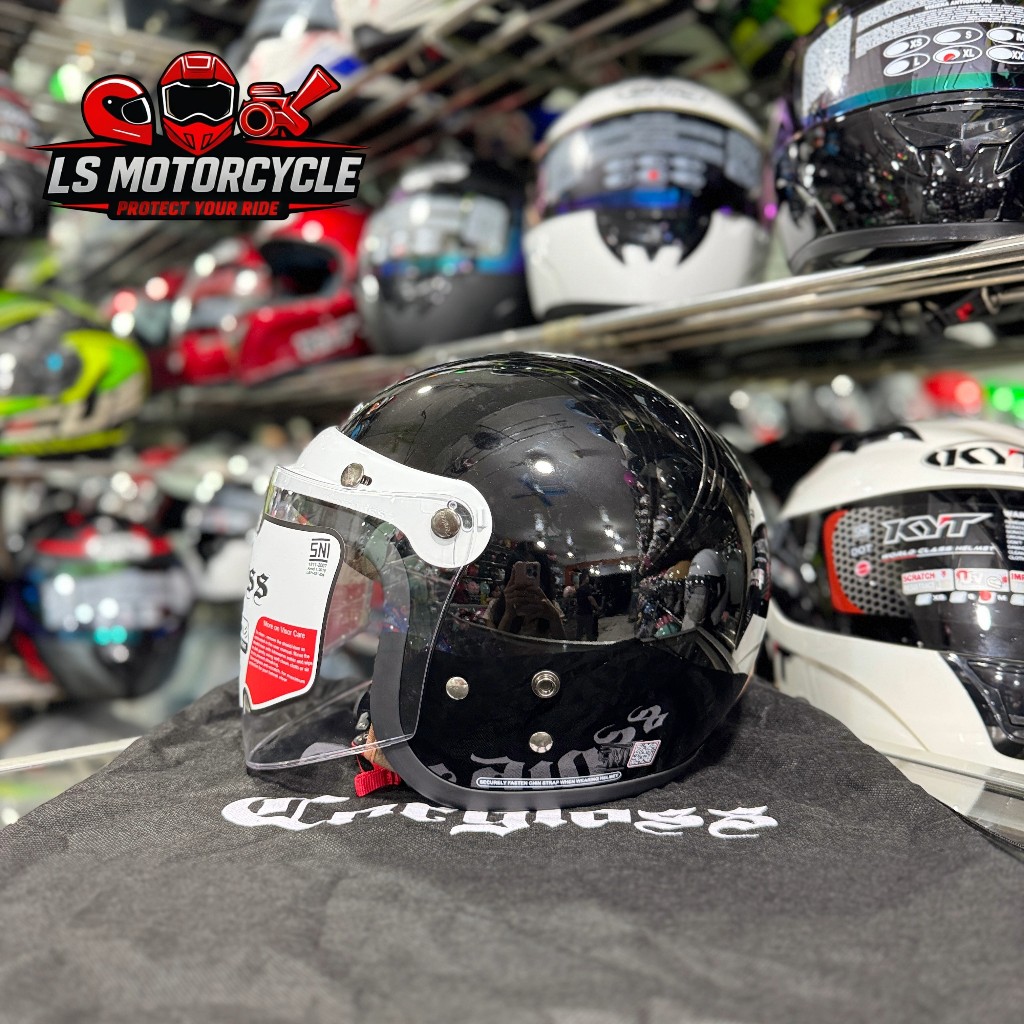 Helm Cargloss Hijab CFH Deep Black/Hitam Glossy Helm Retro Cargloss Hijab SNI Size M L XL