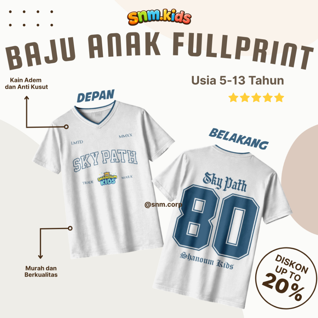 SNM KIDS Kaos Anak Laki Laki Sky Path 80 Shanoum Kids Putih V Neck Baju Anak Branded Casual Jersey A