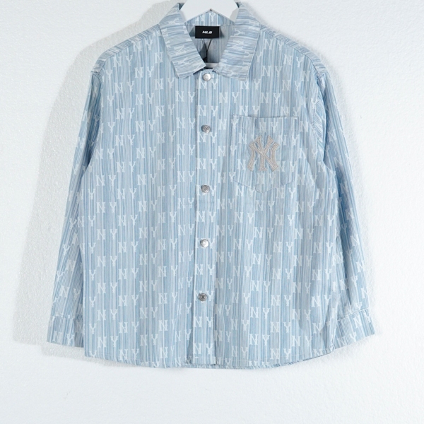 Kemeja MLB NY MONOGRAM WHITE STRIPE LIGHT DENIM BLUE LONG SHIRT 100% ORIGINAL