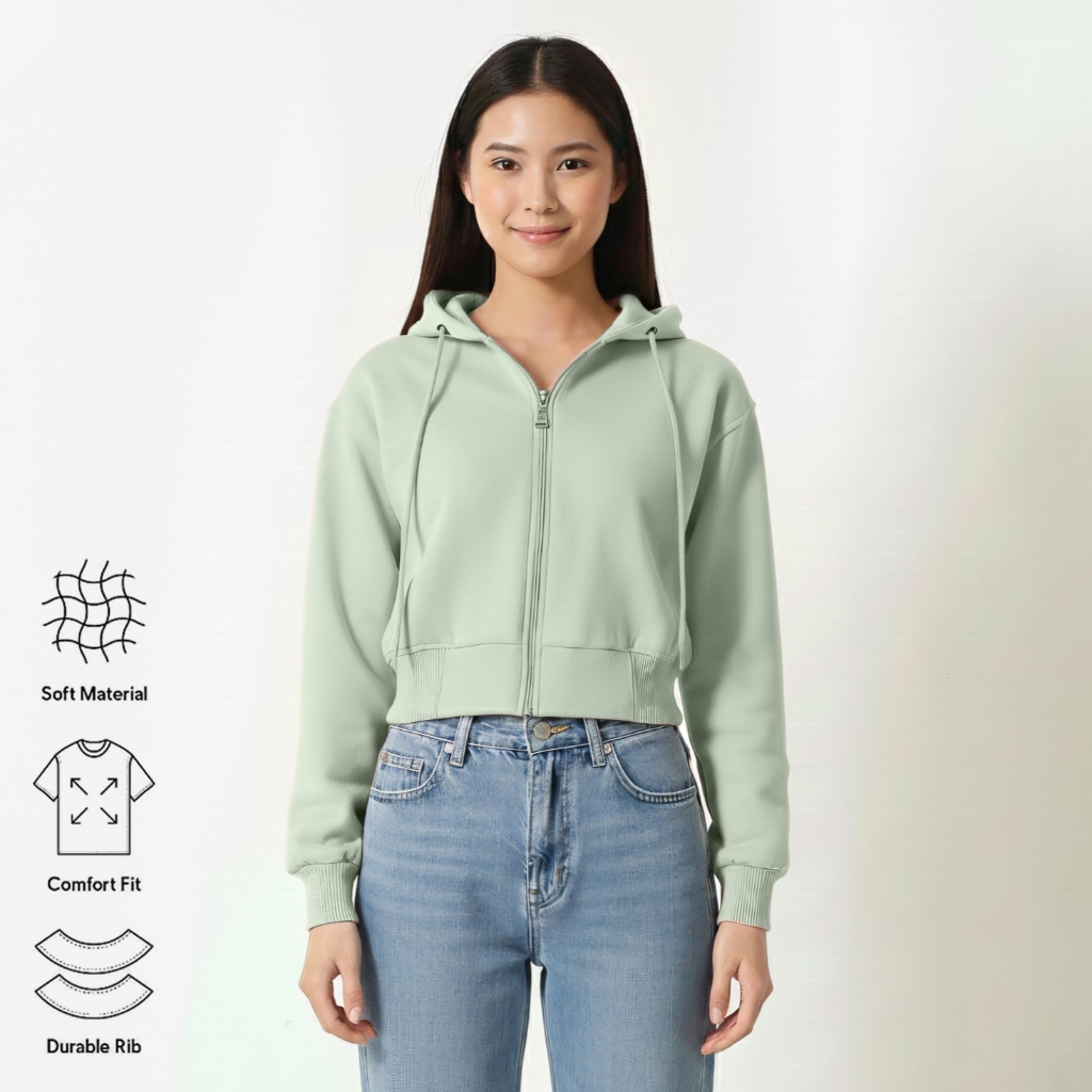 OBLO Basic Hoodie Zipper Crop Polos Jaket | Jaket Hoodie Crop Polos Wanita