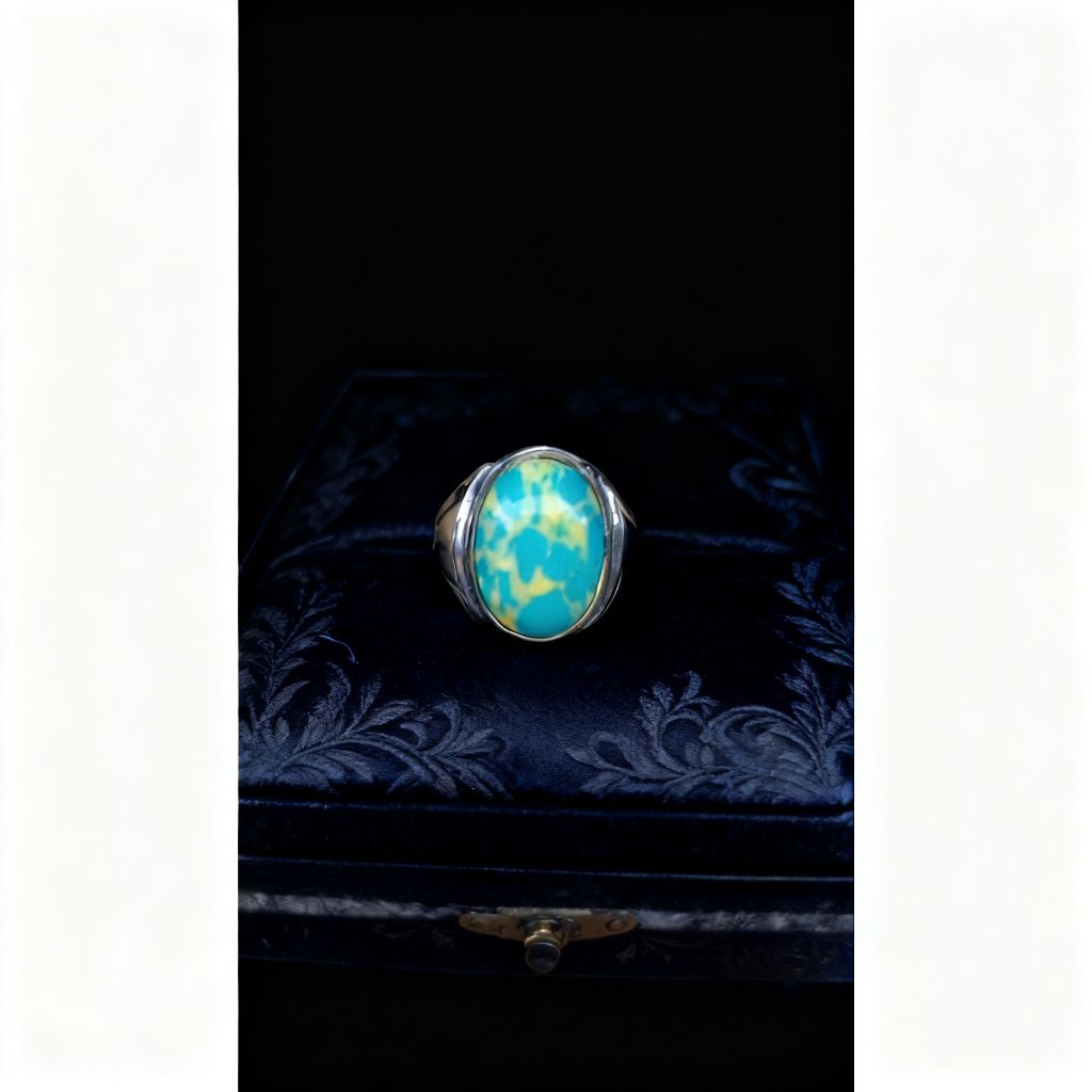 Cincin Batu Akik Pirus Mesir Biru Pirus Nevada Urat Kuning 18x13mm Ring Monel Tanam Terbaru