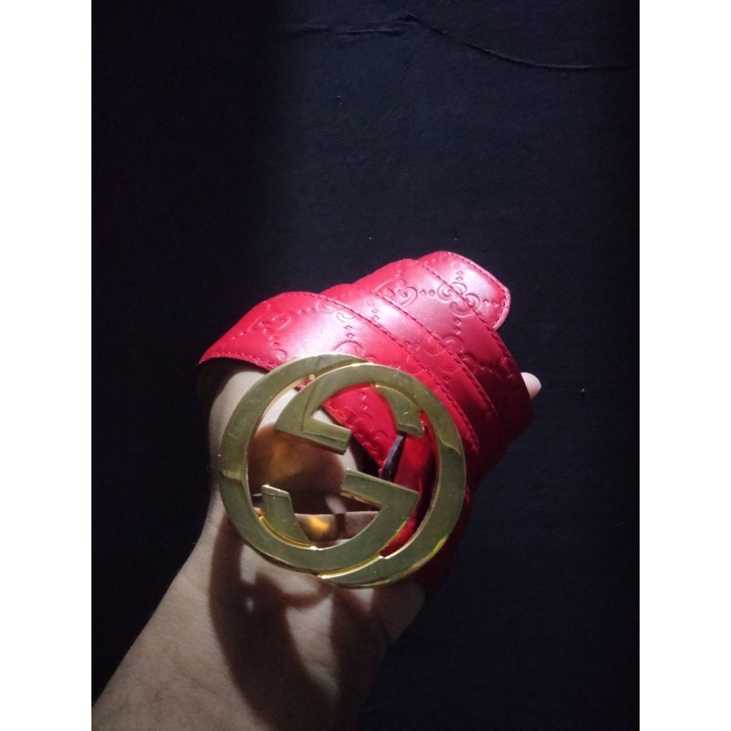 Preloved Sabuk Gucci Red Monogram Leather GG Gold Interlock