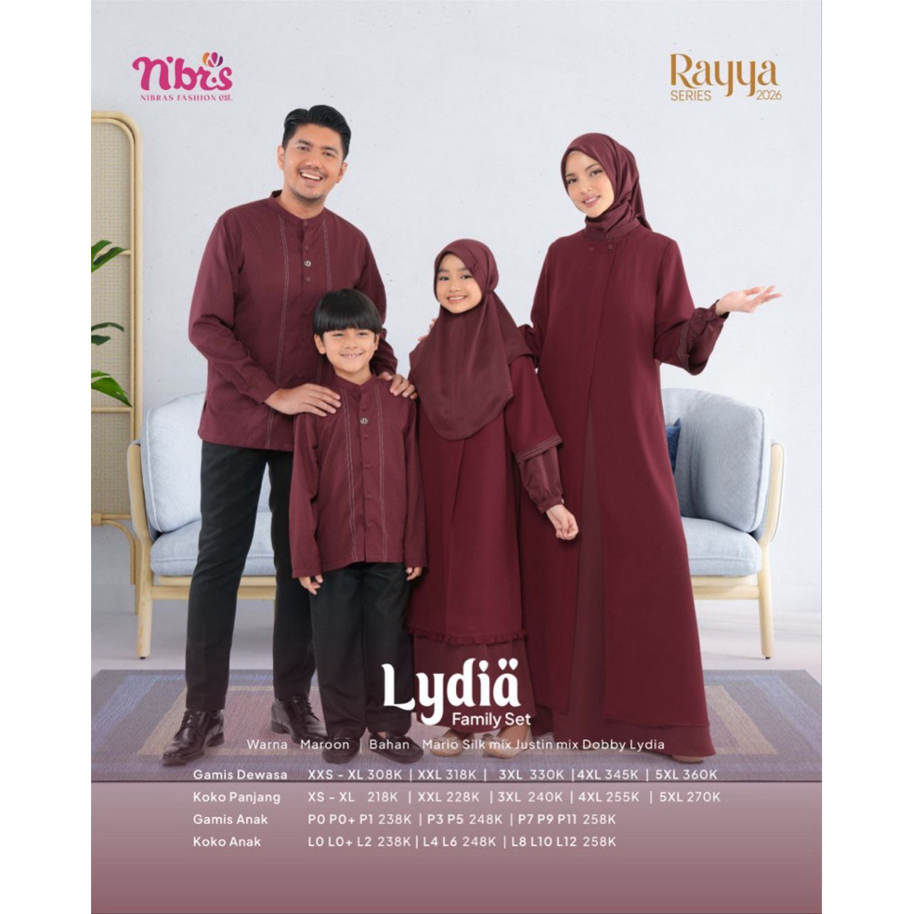 Nibras Rayya Series 2026 - Baju Couple Keluarga Warna Maroon Gamis Maroon Burgundy Sarimbit Keluarga