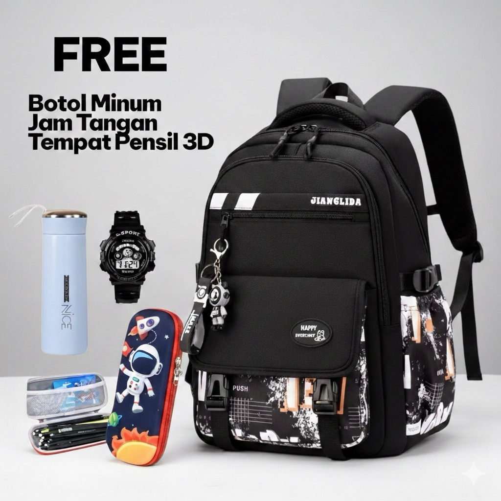 Tas Ransel Anak Sekolah SD SMP Jianglida Premium 3D – Bonus Botol Minum, Jam Tangan & Tempat Pensil 